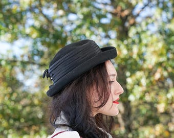 Vintage Black Litefelt Wool Hat Gold Studded Steampunk  display picture 2