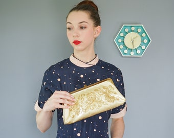 Vintage floral bordado vinilo sobre bolso de embrague de tela / bolso de la década de 1950 / bolso vintage / bolso de noche / bolso vintage / bolso de mujer / bolso retro MCM