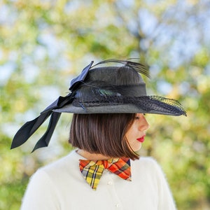 Vintage Wide Brim Straw Hat with Feather, Picture Hat, 1960s Hat, Vintage Hat, Vintage Millinery, Boater Hat, Summer Hat, Kentucky Derby Hat