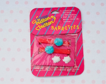 Vintage Plastic Barrettes/ 80s Barrettes/ Cat Barrettes/ Button Barrettes/ Hair Pin/ Hair Clip/ Bobby Pin/ Vintage Jewelry/ Costume Jewelry