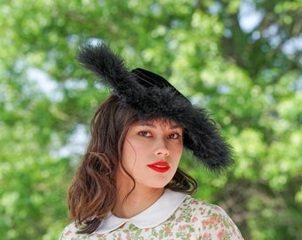 Sombrero vintage de plumas con forma de rueda de carro, sombrero de ala ancha, sombrero de los años 50, sombrero vintage, sombrero con estampado, sombrero del Derby de Kentucky, sombrero de mujer, sombrero Whimsigoth