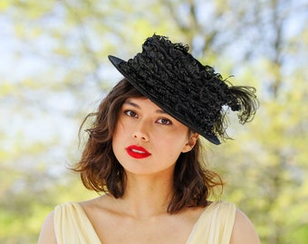 Antique Edwardian Straw Feather Hat/ 1900s-1910s Hat/ Merry Widow Hat/ Antique Hat/ Women Hat/ Garden Hat/ Sun Hat/ Kentucky Derby Hat