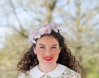 Vintage Floral Half Hat with Veil, Whimsy Hat, Birdcage Hat, Vintage Hat, 1950s-60s Hat, Tea Party Hat, Wedding Hat, Kentucky Derby Hat