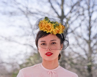 Vintage Floral Tilt Fascinator Hat, Tilt Topper Hat, 1940s Hat, Cocktail Hat, Vintage Hat, Kentucky Derby Hat, Women Hat, Tea Party Hat