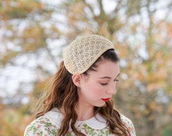 Vintage Floral Lace Half Hat, Vintage Hat, 1950s Hat, Wedding Bridal Hat, Cocktail Hat, Tea Party Hat, Women Hat, Kentucky Derby Hat