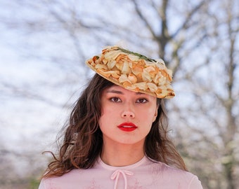 Vintage Floral Boater Hat, 1950s Hat, Vintage Hat, Vintage Women Hat, Cocktail Hat, Tea Party Hat, Wedding Hat, Kentucky Derby Hat, MCM Hat