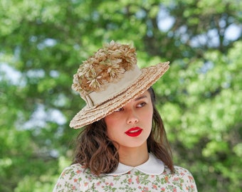 Vintage Straw Floral Boater Hat, Wide Brim Hat, 1950s-60s Hat, Vintage Hat, Women Hat, Sun Hat, Kentucky Derby Hat, Tea Party Hat, Ascot Hat