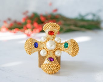 Vintage Byzantine Maltese Cross Bead Pearl BROOCH 3 Inch, 1980s Brooch Pin, Vintage Jewelry, Vintage Brooch Pin, Costume Jewelry, Cross Pin