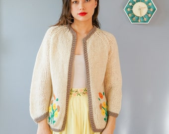 Vintage Italy Hess Embroidery Cardigan Size M, Women Sweater, 1950s-60s Sweater Cardigan, Vintage Open Sweater, Pinup Rockabilly Cardigan
