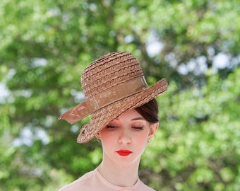 Vintage Straw Breton Hat, Women Bowler Hat, Vintage Hat, 1950s-60s Hat, Women Hat, Tea Party Hat, Wedding Hat, Church Hat, Mod MCM Hat