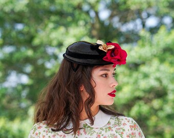 Vintage Floral Sailor Hat, Half Hat, 1950s-60s Hat, Vintage Hat, Vintage Hat Women, Vintage Boater Hat, Garden Party Hat, Spring Summer Hat