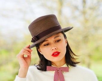 Vintage Straw Boater Hat, 1960s Hat, Vintage Hat, Vintage Millinery, Sun Hat, Mod Hat, Summer Hat, Kentucky Derby Hat, Vintage Wide Brim Hat
