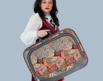 Vintage Voyage Tapestry Suitcase: 1970s Suitcase Luggage/ Retro MCM Soft Side Suitcase Baggage/ Hippie Boho Mod Baggage/ Steampunk Suitcase