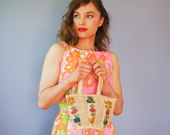 Bolso vintage de paja y rafia con bordado floral / Bolso vintage / Años 40-50 / Bolso de primavera/verano / Bolso de mimbre / Bolsos de noche / Bolso de mujer / Bolso retro