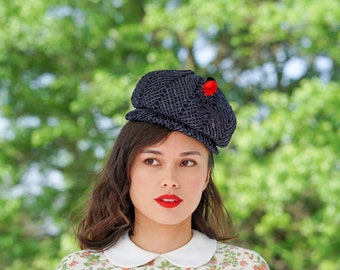 1960s Navy Blue Woven Pillbox Hat: Vintage Jackie O-era  display picture 1