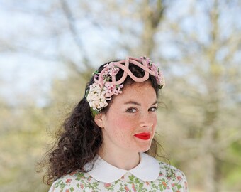 Vintage floral Headband Hat, Vintage Hat, 1950s Hat, Women Hat, Wedding Hat, Fascinator Hat, Cocktail Hat, Tea Party Hat, Spring Summer Hat