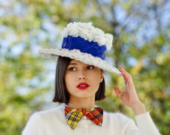 Cappello di paglia vintage con fiori, cappello a tesa larga, cappello anni '50-'60, cappello vintage, modisteria vintage, cappello per il Kentucky Derby, cappello da chiesa, cappello per il tea party