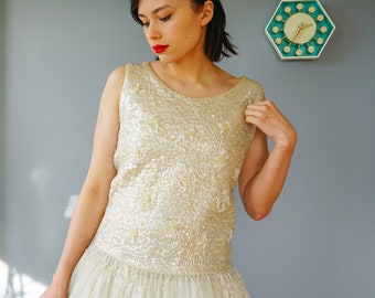 Vintage Cream Bead Sequin Blouse Size M, 1950s-1960s Blouse, Vintage Women Shirt, Women Top, Cocktail Blouse, Evening Top, Pinup Rockabilly