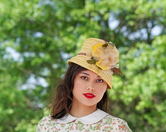 Cappello cloche vintage in paglia con motivo floreale, cappello anni '50-'60, cappello vintage, cappello vintage da donna, cappello per tea party, cappello da cocktail, cappello per il Kentucky Derby, cappello da matrimonio