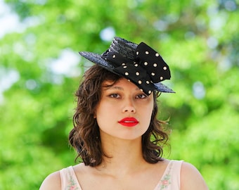 Vintage 1940s Straw Sailor Hat, Toy Tilt Hat, Vintage Hat, 1940s Hat, Vintage Millinery, Women Hat, Tea Party Hat, Cocktail Hat, Boater Hat