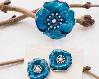1950s Enamel Jewelry Set Signed ART, Jewelry Set, Vintage Enamel Brooch Earring, 1950s Jewelry, Floral Set, Demi Parure, Costume Jewelry