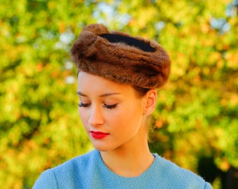 Vintage Fur Pillbox Hat: 1950s-1960s Women Midcentury Retro Fall Winter Hat, Mob wife Old Hollywood Glam Headpiece
