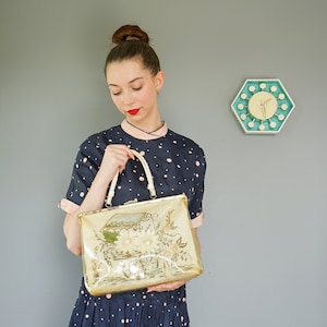 Vintage floral handbemalte Vinyl über Stoff Geldbörse / 1950er Jahre Geldbörse / Vintage Geldbörse / Vintage Handtasche / Frauen Tasche / Frühling Sommer Tasche / MCM Tasche
