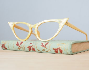 Vintage Eyeglasses 1960s cateye glasses/Frames /Eyeglasses /Rockabilly/Cat Eye By Victory Optical Marble Yellow Tone New Old Stock