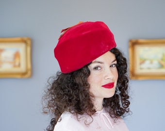 Vintage Velvet Pillbox Hat, 1950s-60s Hat, Vintage Hat, Vintage Women Hat, Christmas Holiday Hat, Tea Party Hat, Retro MCM Hat, Jacket O Hat