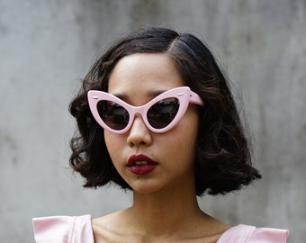 Vintage Style Extreme Cat Eye SunglassesThick Temples Very large by Lemon Eyeglass Co. Handmade 1960's style 46-22 Oversize Cadillac Pink