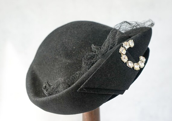 Vintage Fur Felt Rhinestones Half Hat, 1940s-50s … - image 7