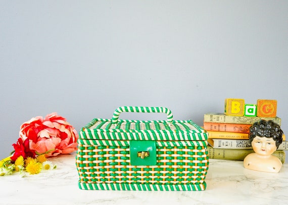 Vintage Wicker Sewing Box/ Vintage Box Purse/ 1950