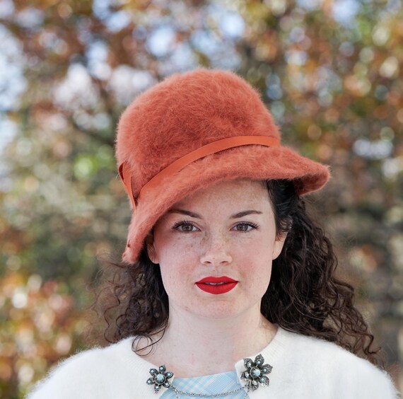 Vintage genuine, angora, fur bucket hat brown, soft fur cloche hat KANGOL Angora Fur Hat, Burgundy Real Vintage Women main image 2