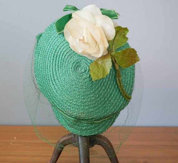 Vintage Flower Straw Half Hat with Veil, Vintage … - image 9