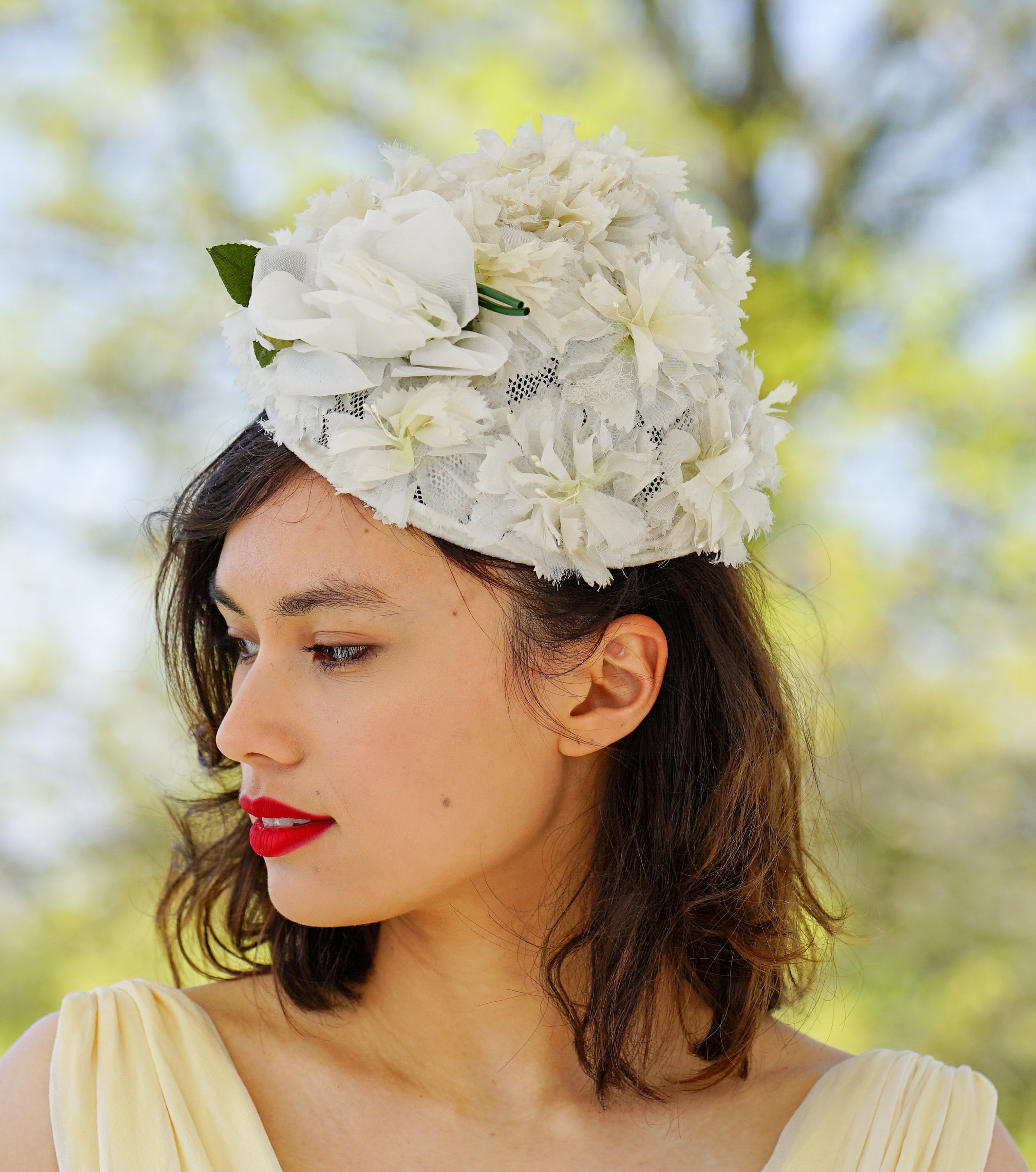 さらに100円引き◆MISCHIEF◆FLOWER CORSAGE CLOCHET HAT Women's Cloche Hat with Lace Band and Flower Vintage Women