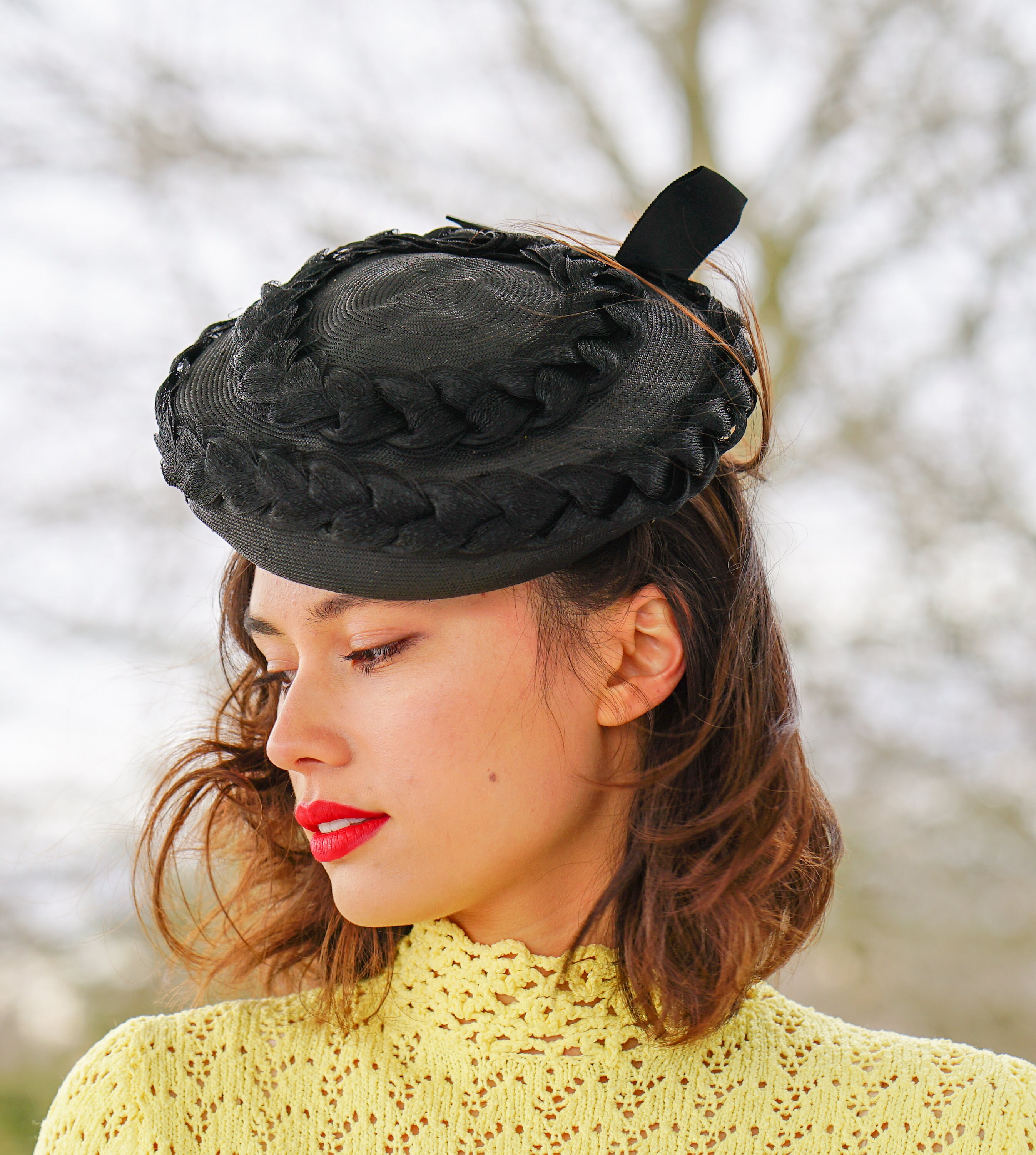 Vintage Black Braided Straw Pillbox Hat with Mint Green Bow – 1950s Original Vintage Straw Toy Tilt Hat, Pillbox Hat, 1940s-50s Hat  main image 2