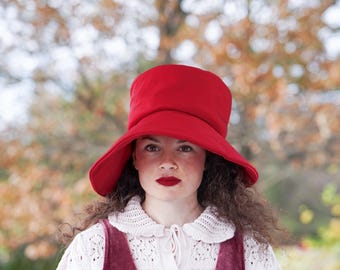Vintage Red Bonnet Hat, 1960s-70s Women Hat, Vintage Bucket Hat