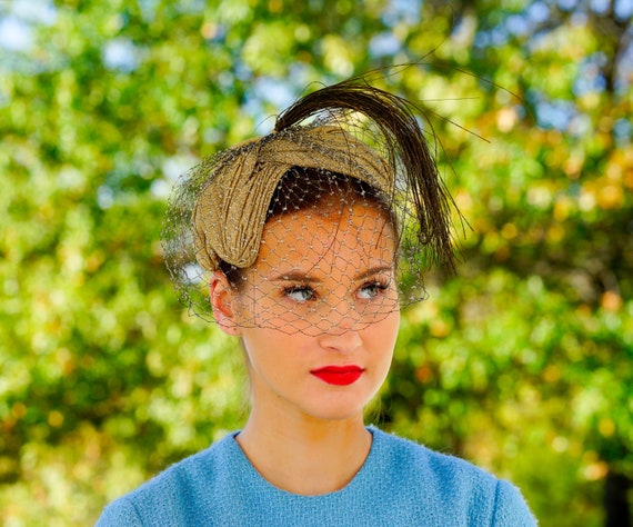 Vintage Gold Turban Half Hat with Feather, Vintage