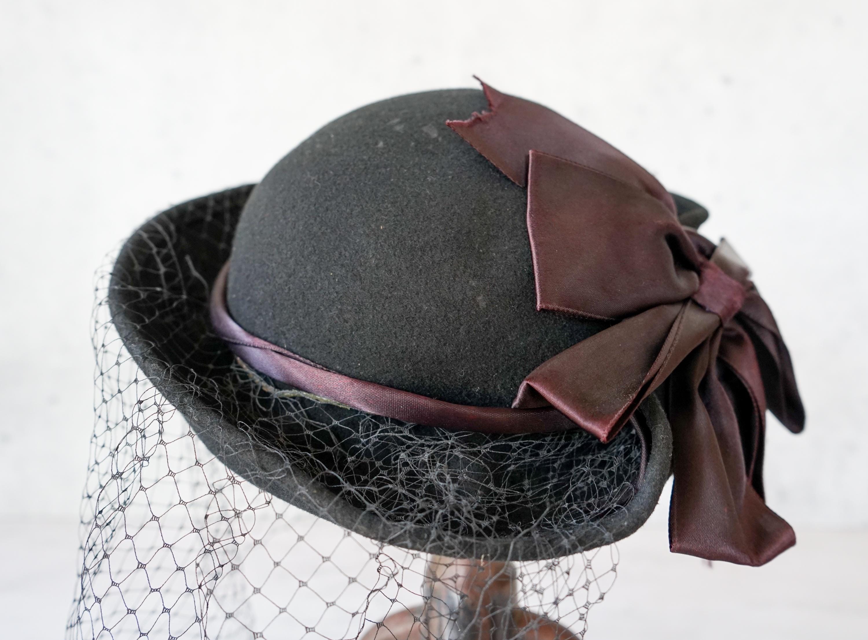 Vintage Wool Felt Women Bowler Hat With Veil, 1950s-60s Hat 