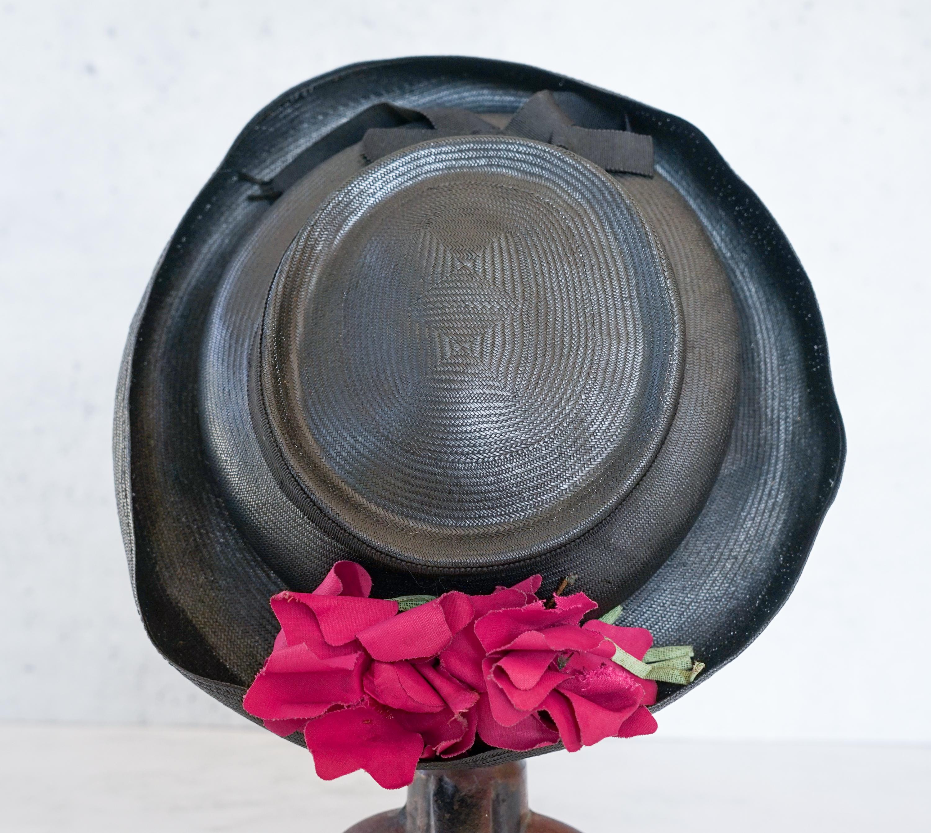 Vintage Mid-Century Lady Byrd Woven Straw Floral Hat Size: 22.5 Inches Roughly 40s/50s Navy or Black Wide Brim Straw Picture Hat With Silk  main image 4