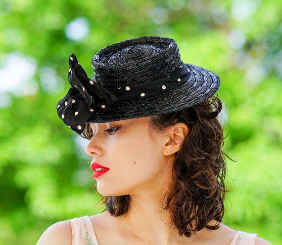 Vintage 1940s Straw Sailor Hat, Toy Tilt Hat, Vin… - image 2