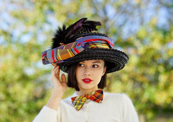 Antique Edwardian Straw Floral Feather Hat/ 1910s