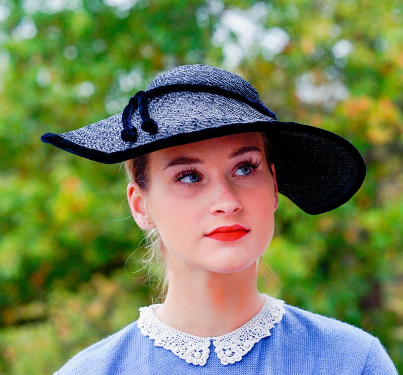 Kentucky Derby Hat Cartwheel Hat Tea Party Hat Brim Hat Sun Hat Vintage Black Straw Tilt Hat Vintage Millinery Vintage Hat 1940s Hat