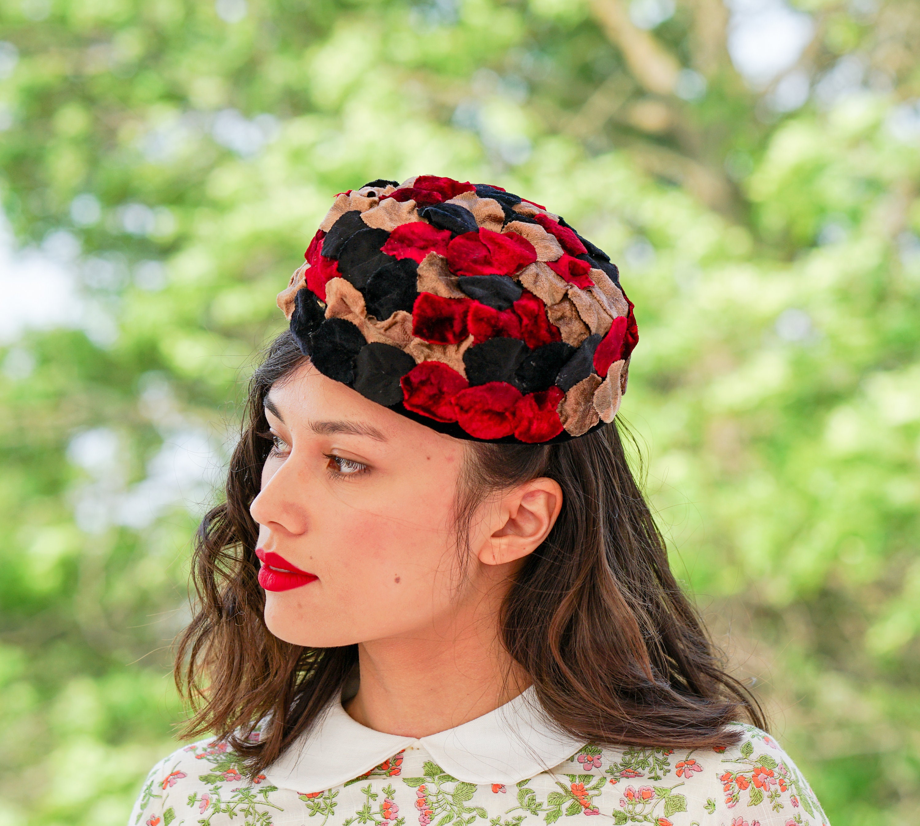 Vintage Union Made Pill Box Hat Red Red Wool Contoured Vintage Styled Pill Box Hat-Church Hat  main image 2
