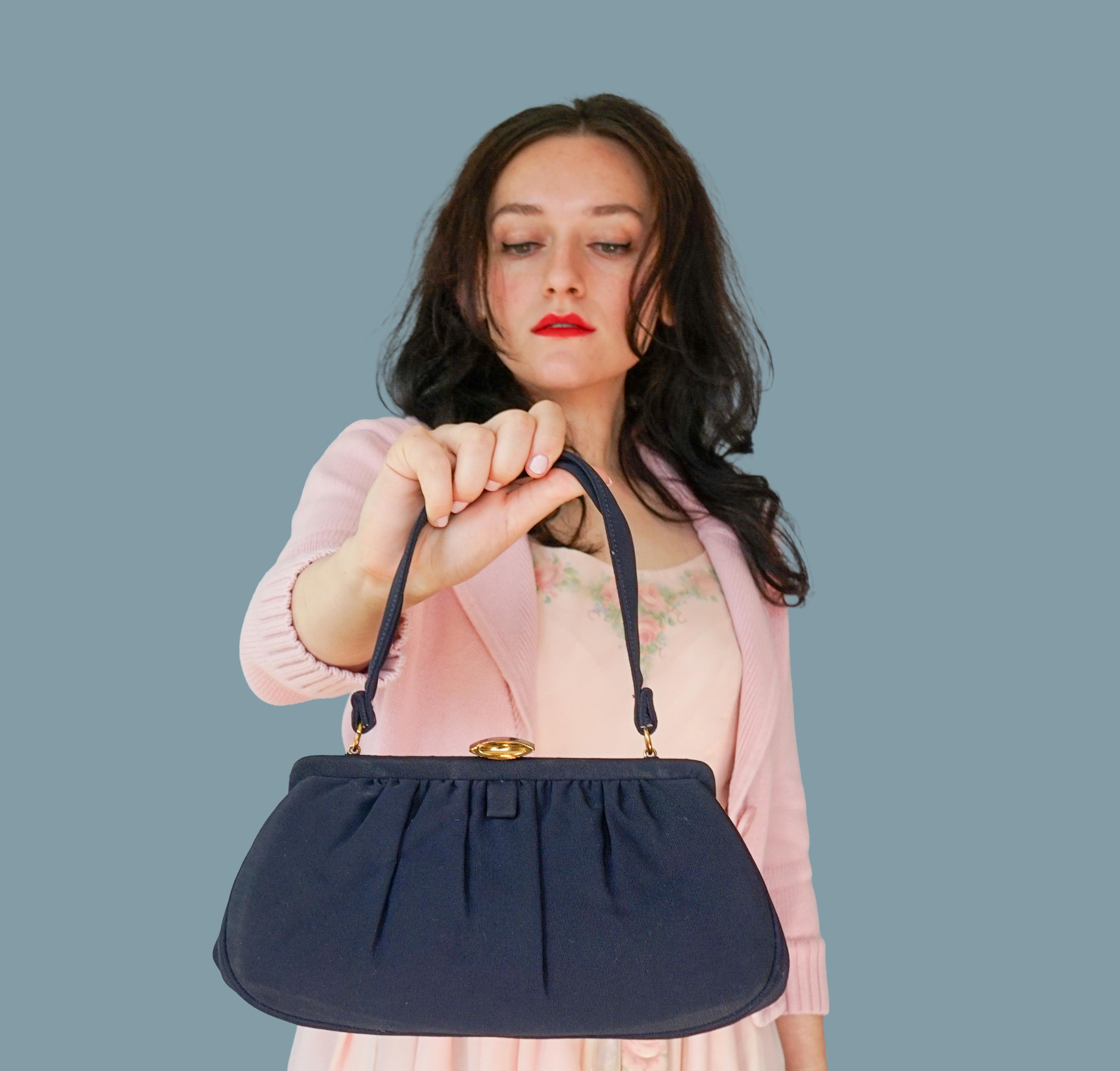 Vintage Broadcloth Top Handle Purse/ 1950s-60s Purse/ Vintage