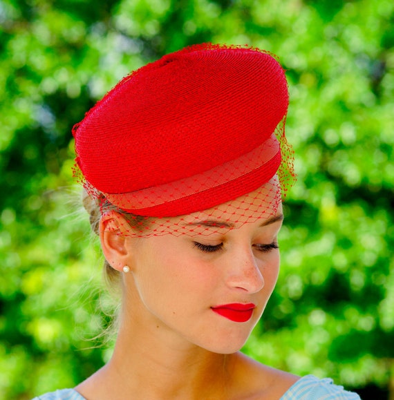 Vintage Red Straw Pillbox Hat 1950s-60s 
