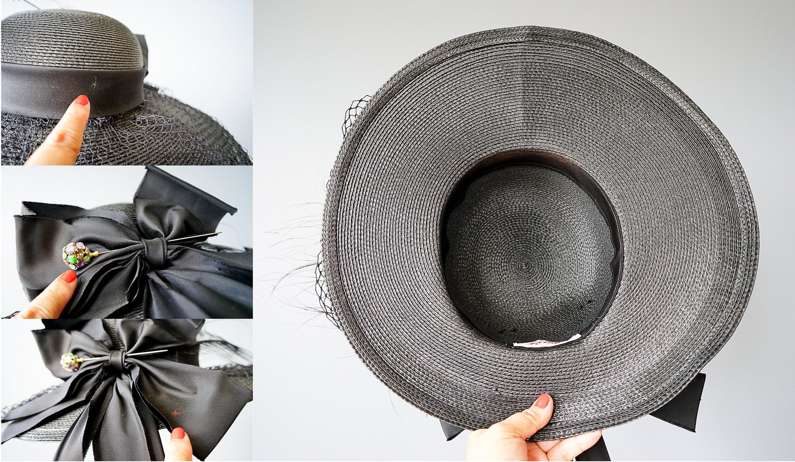 Vintage 60s Mod Look  Sears Black & White Woven Hat with‎ Ribbon Bow Wide Brim Black 1960s Vintage Hats for Women for sale | eBay main image 4