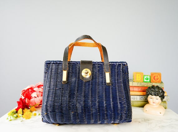 Vintage Wicker Purse with Leather/ 1950s-60s Bag/