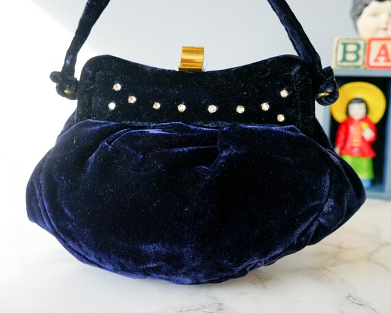 Vintage Blue Velvet Rhinestone Frame Purse/ 1940s… - image 5