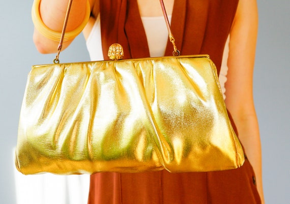 Vintage Gold Lame Faux Leather Clutch Purse/ 1950… - image 2